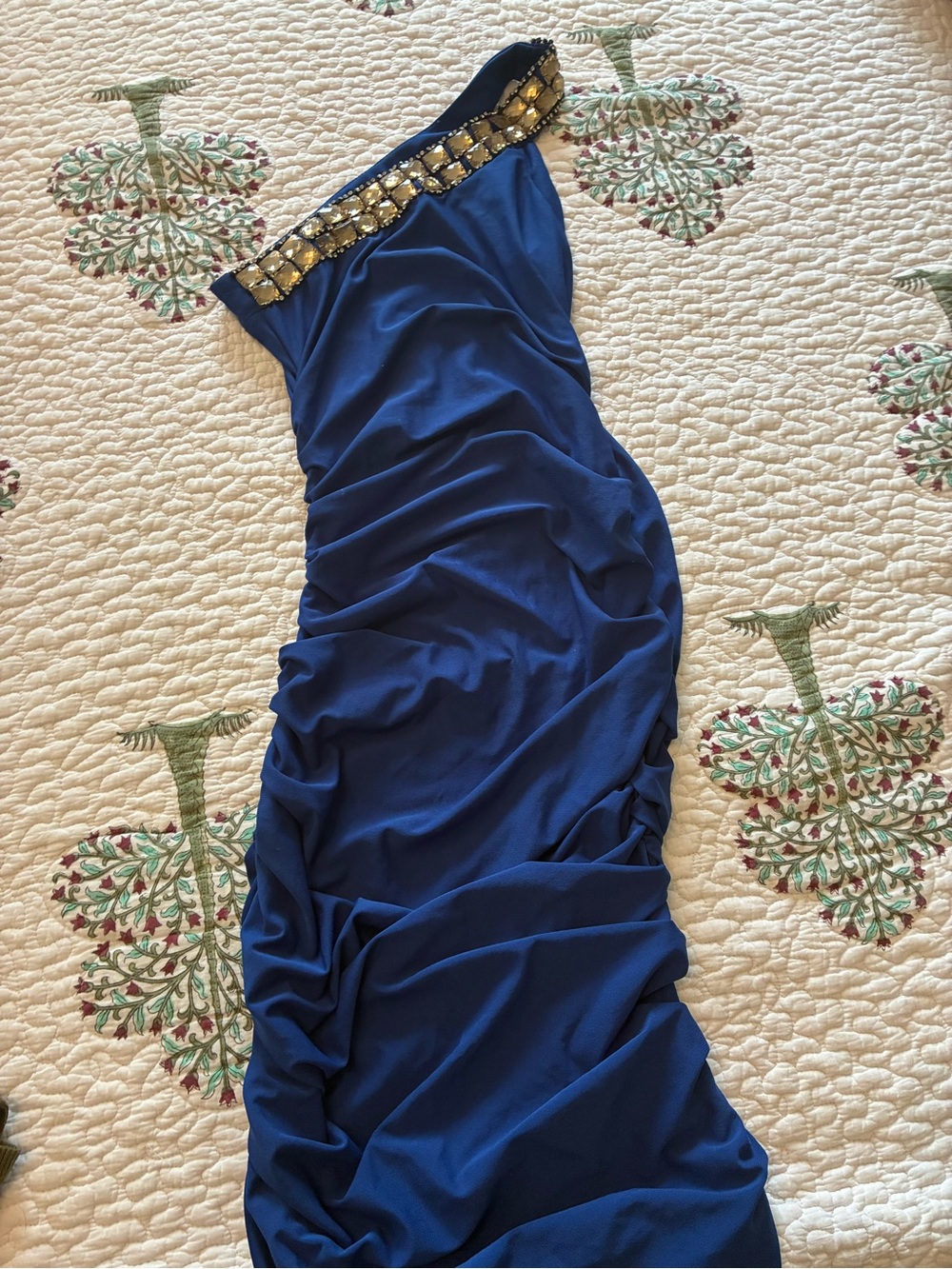 One-Shoulder Royal Blue Evening Dress with Embellished Neckline